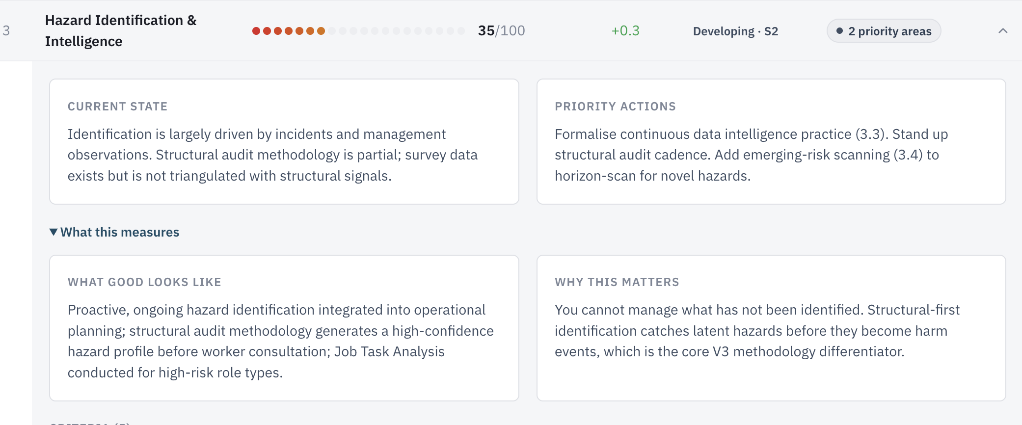 Pillar detail showing current state, priority actions, what good looks like, and why the pillar matters