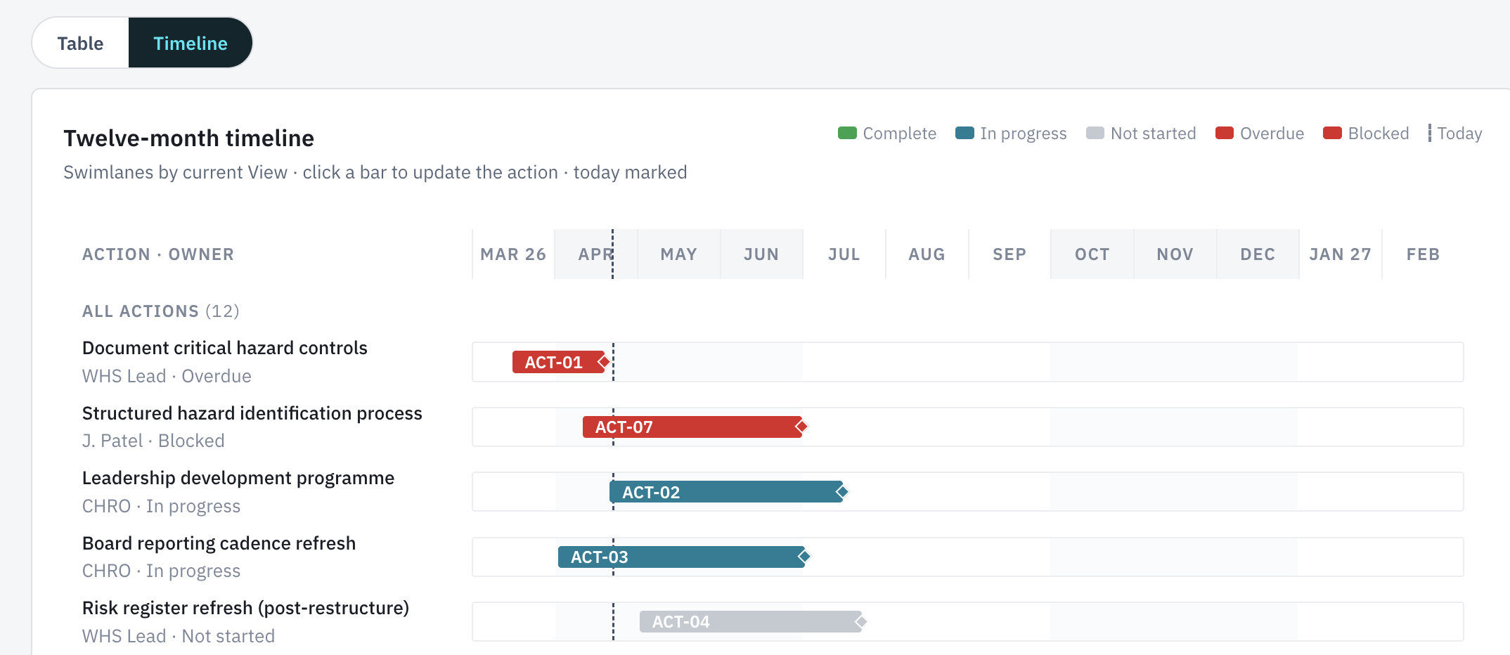 Twelve-month action plan timeline showing actions by owner with status of complete, in progress, not started, overdue, or blocked